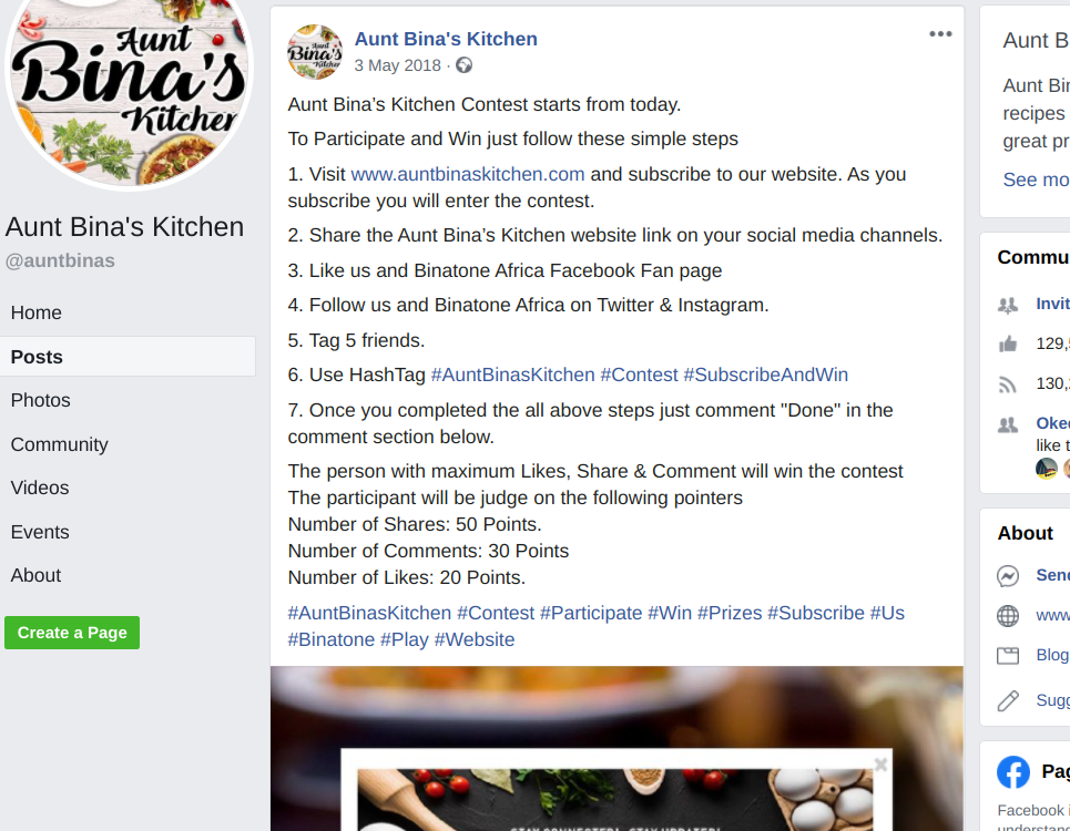 Aunt Bina's kitchen Facebook contest