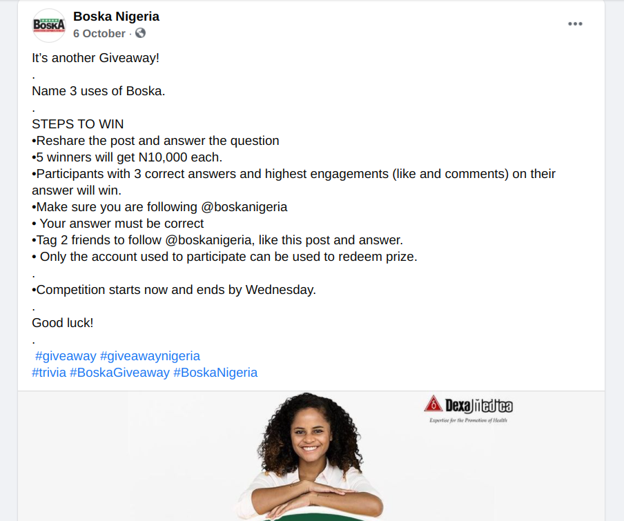 Boska Nigeria Facebook giveaway