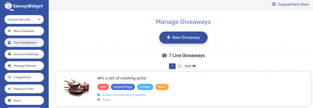 Sweepwidget create a new giveaway