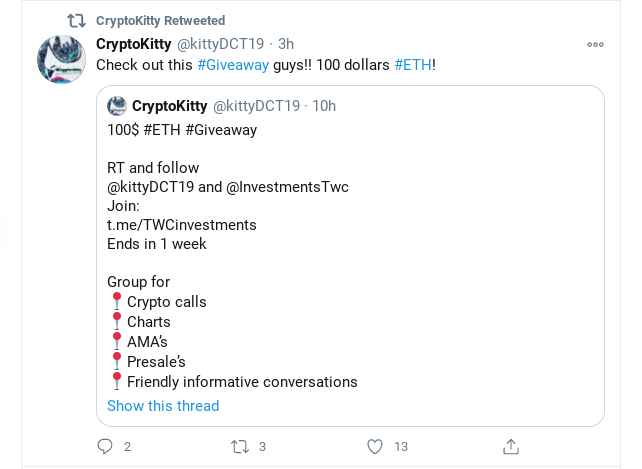 CryptoKitty Twitter giveaway reminder