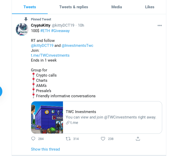CryptoKitty Twitter giveaway pinned tweet