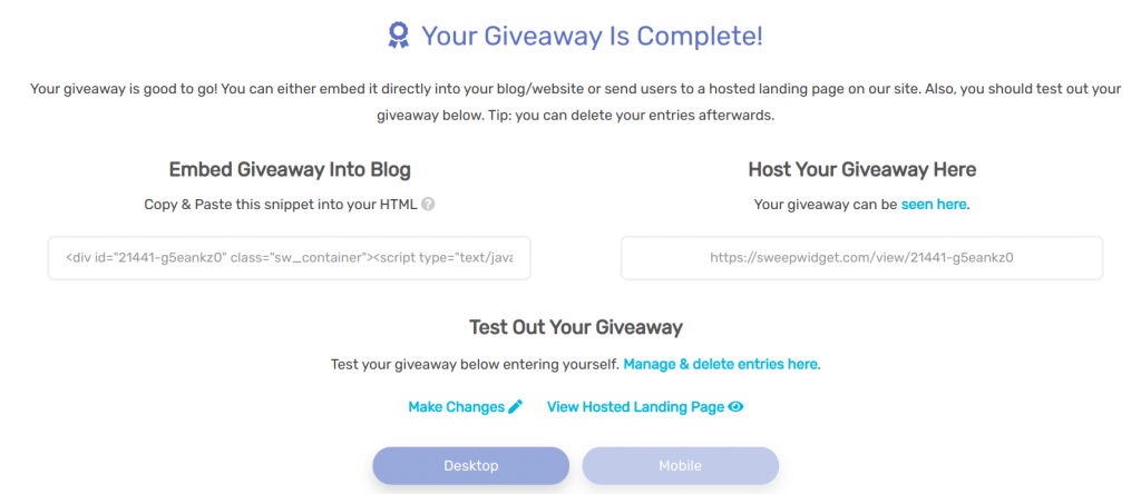 Embed giveaway on blog or Sweepwidget