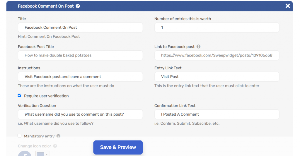 Facebook comment on post entry method on Sweepwidget