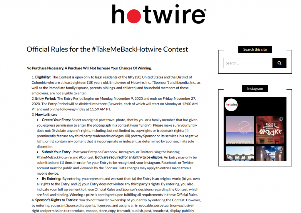 Hotwire's contest's terms and conditions page