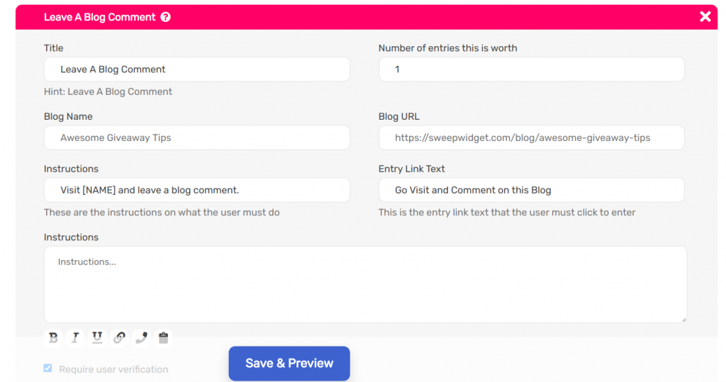 Leave a blog comment entry method on Sweepwidget