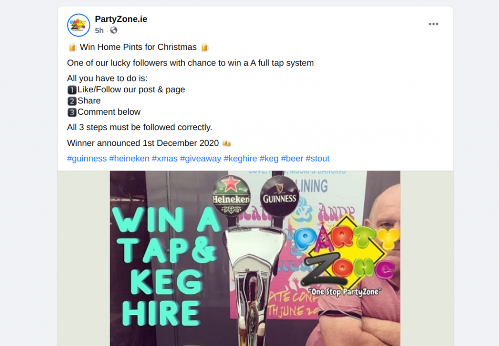 Partyzone.ie Facebook giveaway