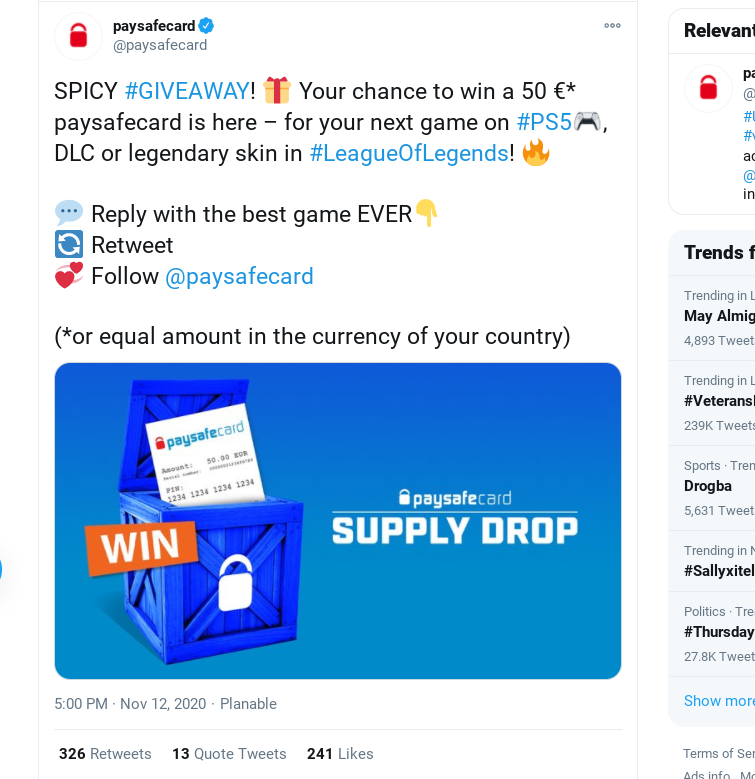 Paysafecard Twitter giveaway post