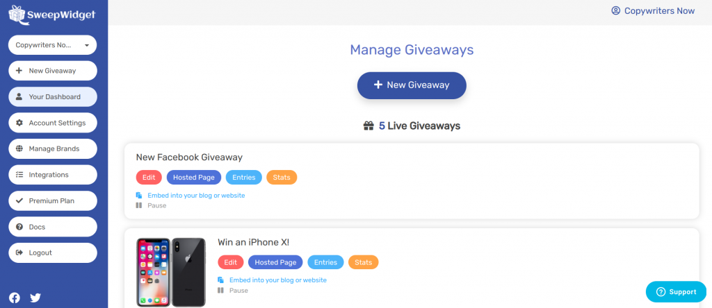 Sweepwidget giveaway dashboard