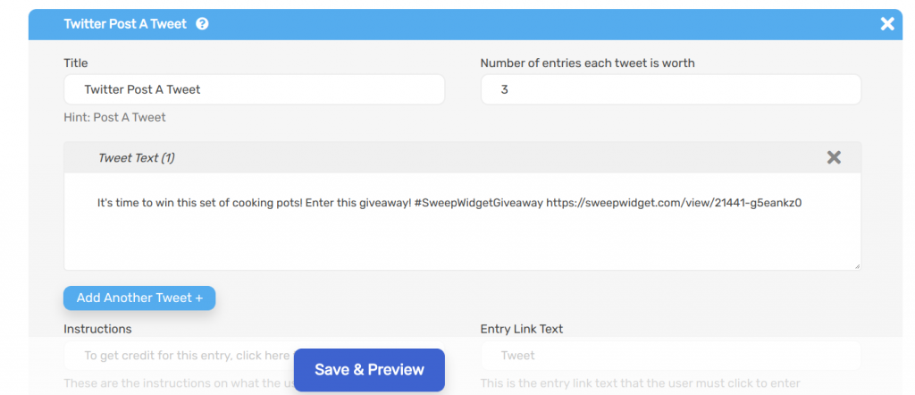 Sweepwidget Twitter post a tweet entry option