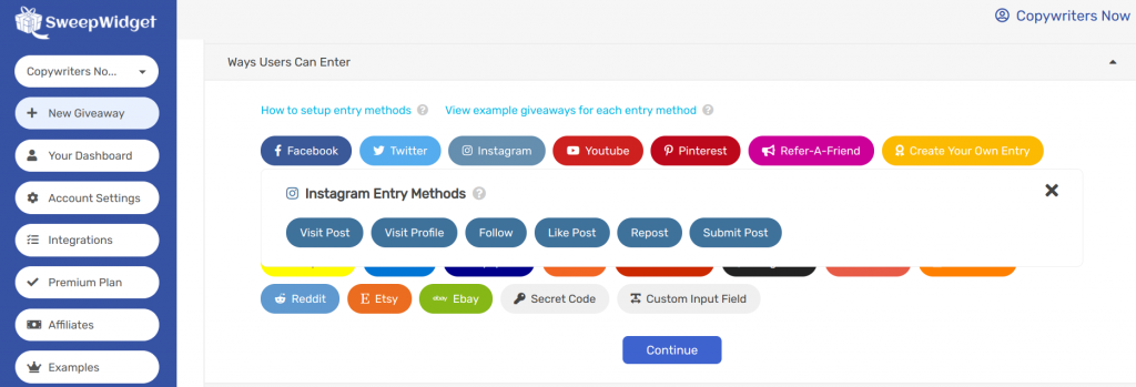 Sweepwidget instagram entry methods