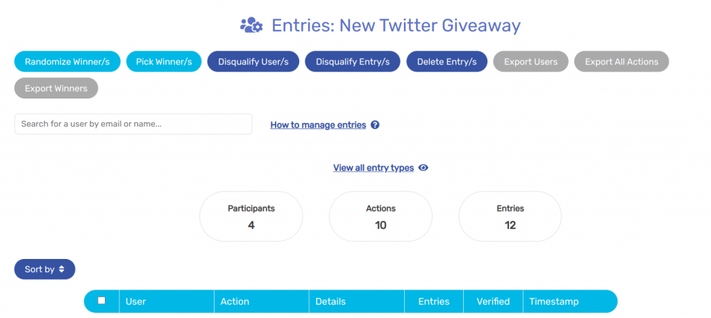 Sweepwidget Twitter giveaway entries page