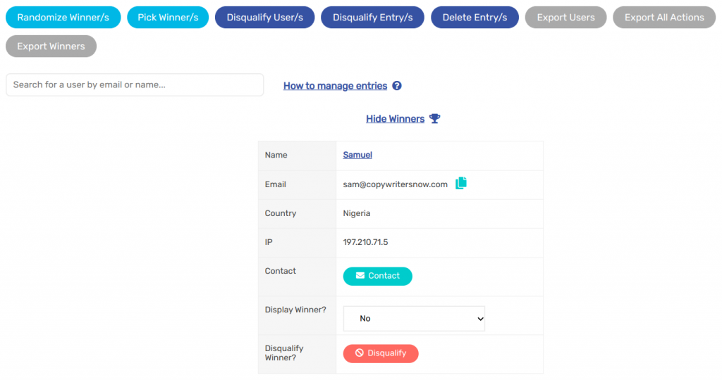 Sweepwidget winner's contact details