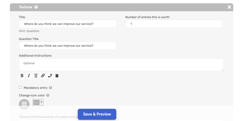 Text area custom input field on sweepwidget