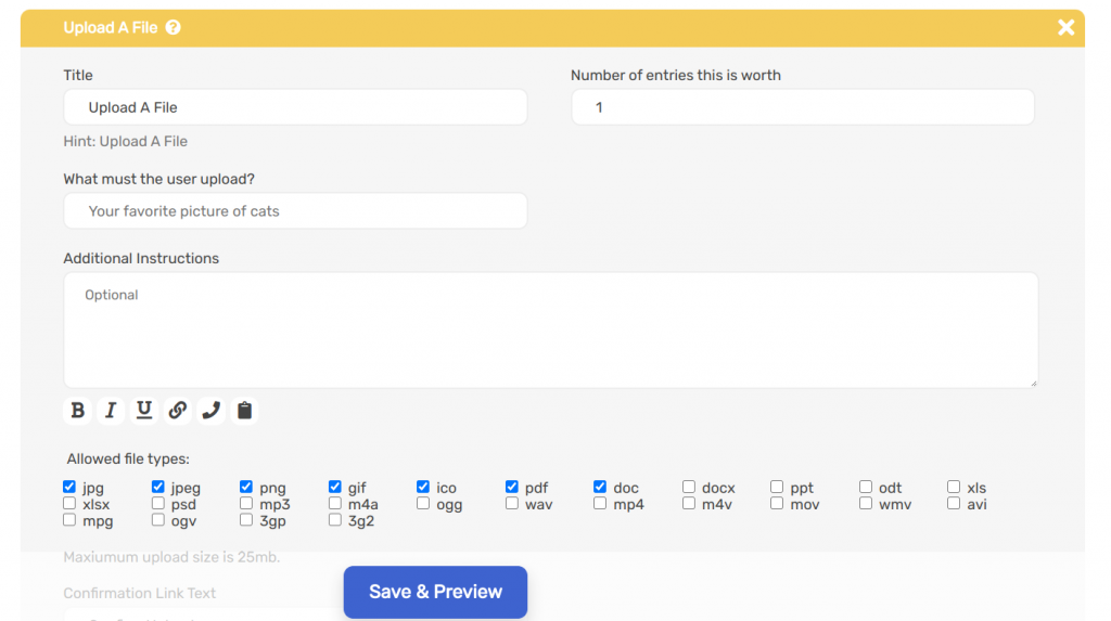 upload a file entry method on Sweepwidget