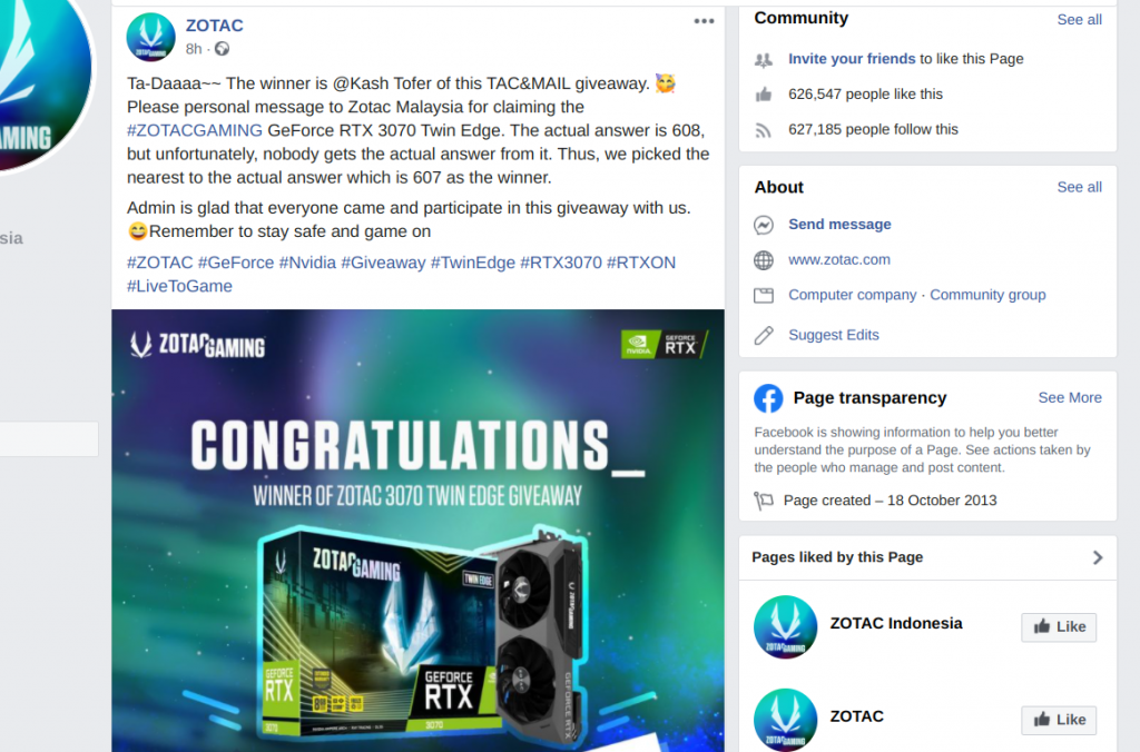 ZOTAC announcing Facebook giveaway winner