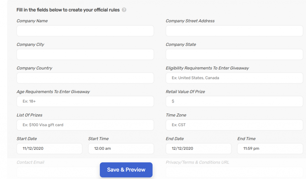 Auto generate contest rules on SweepWidget