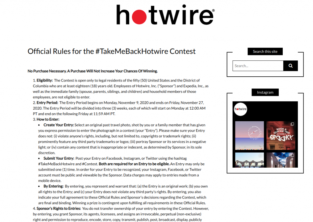 Hotwire's official contest rules page