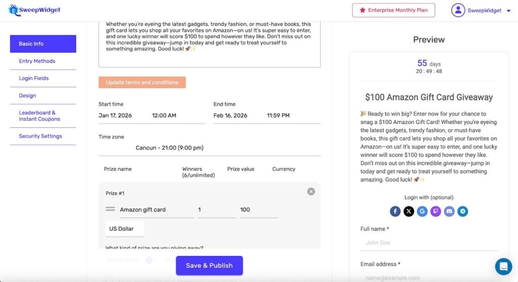 SweepWidget contest duration and scheduling settings showing start date, end date, and timezone options