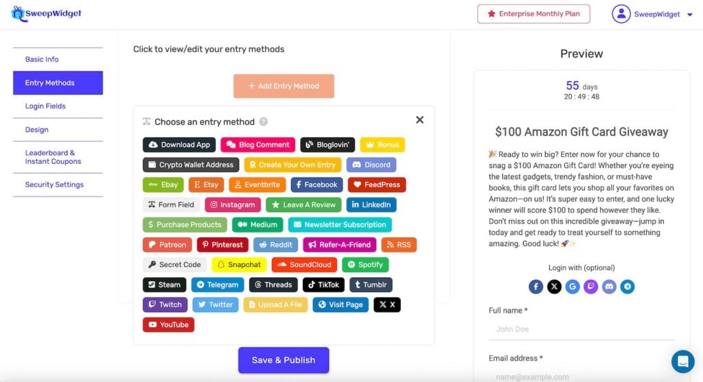 SweepWidget entry method builder showing available entry method types across platforms including Instagram, TikTok, YouTube, and Twitter