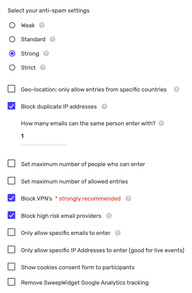SweepWidget security settings panel showing VPN blocking, duplicate IP checking, and security level options