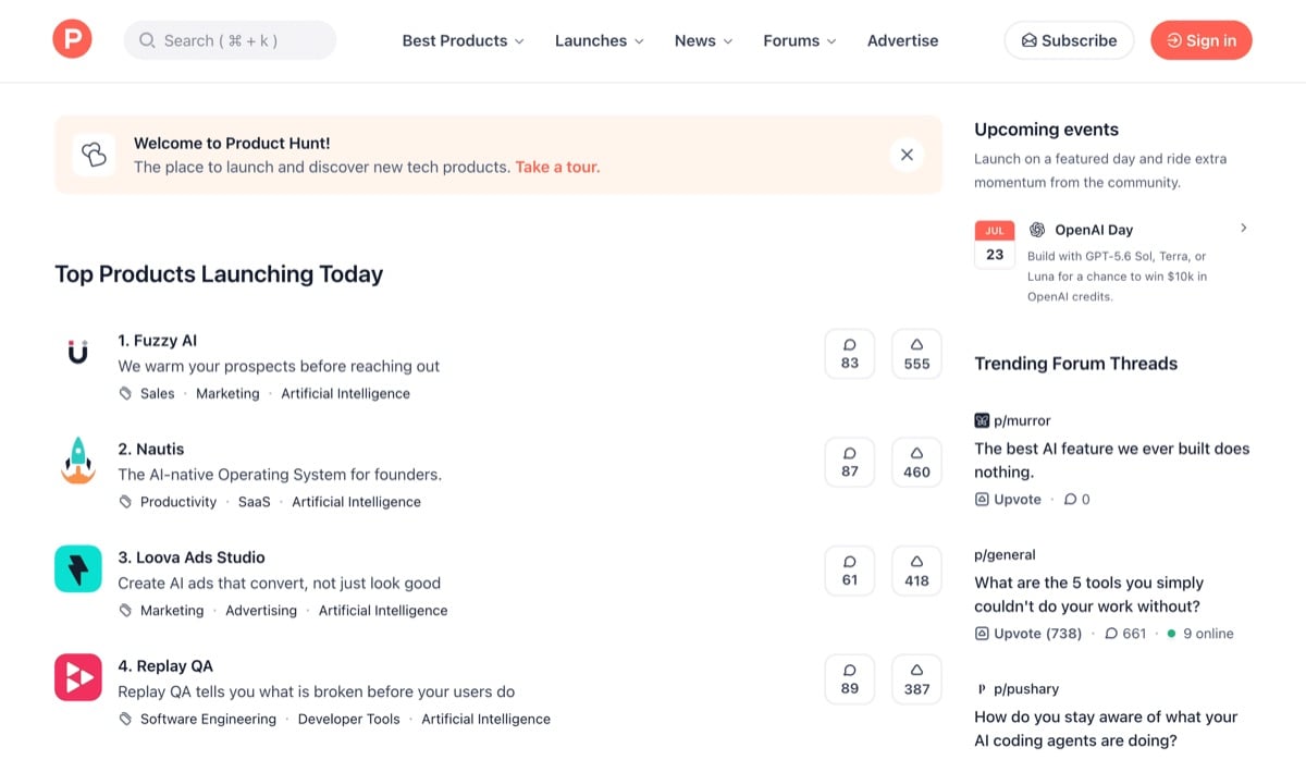 Product Hunt, the launch platform where new SaaS products debut