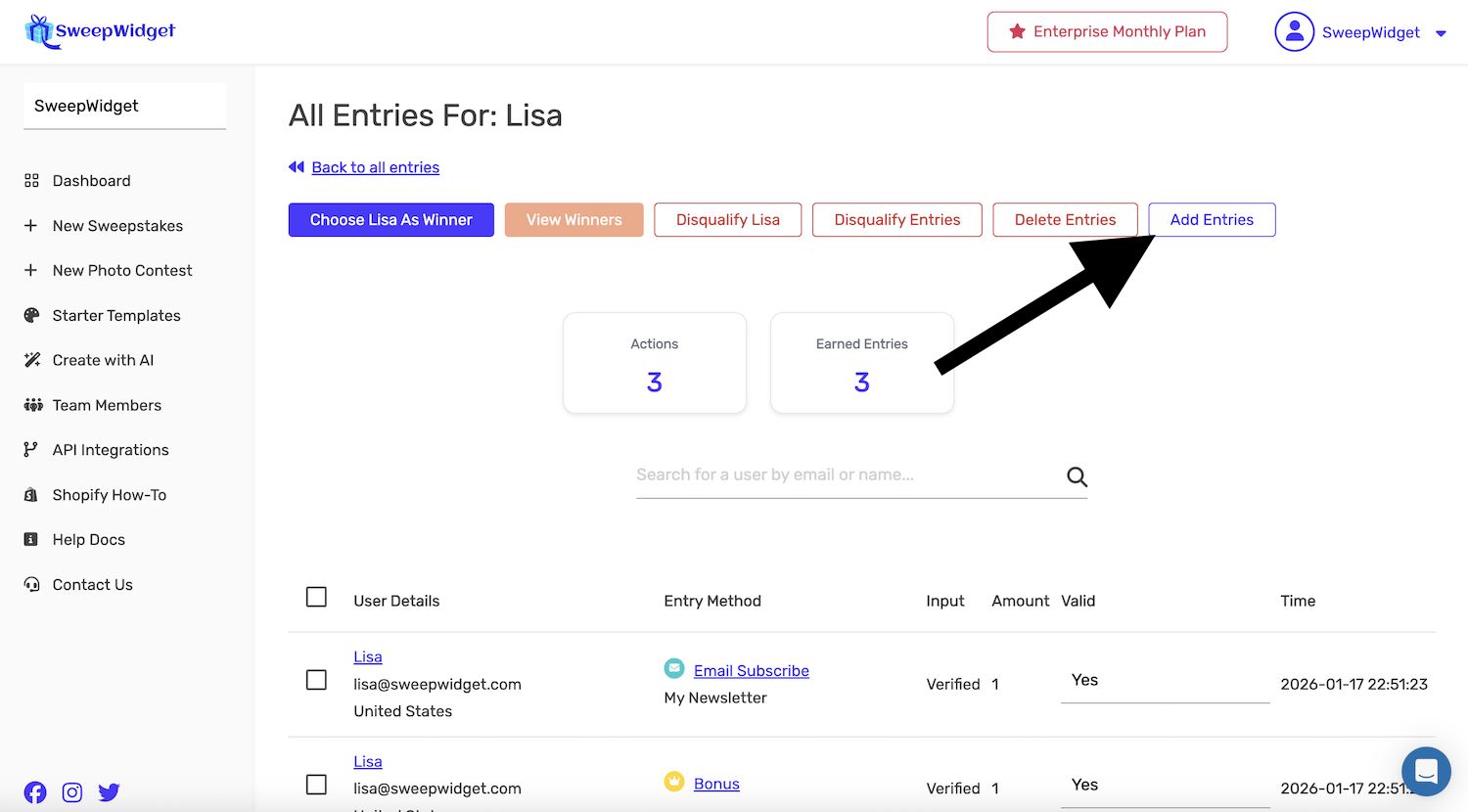 Manually Add Entries For A User | SweepWidget