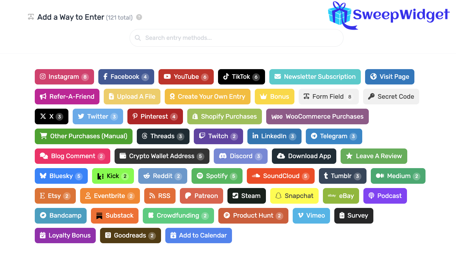 SweepWidget’s Add a Way to Enter picker showing 121 entry methods, including Instagram, TikTok and Shopify Purchases