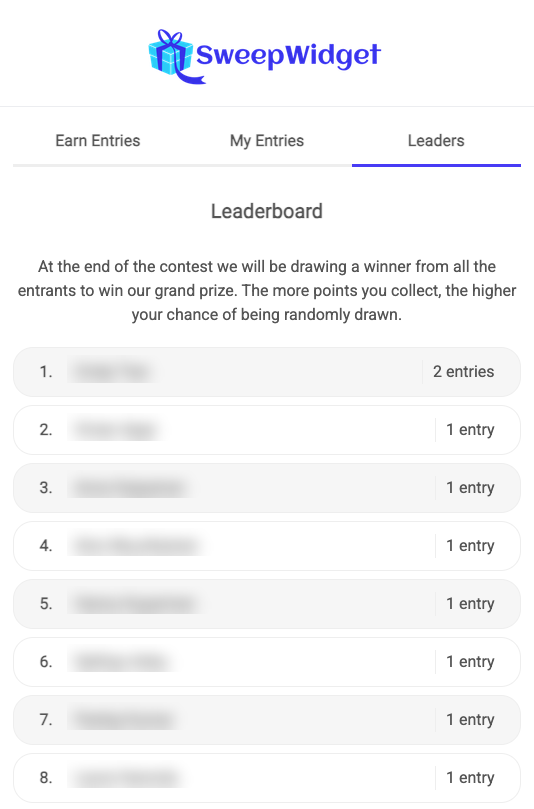 SweepWidget giveaway leaderboard ranking entrants by points, available from the Business plan