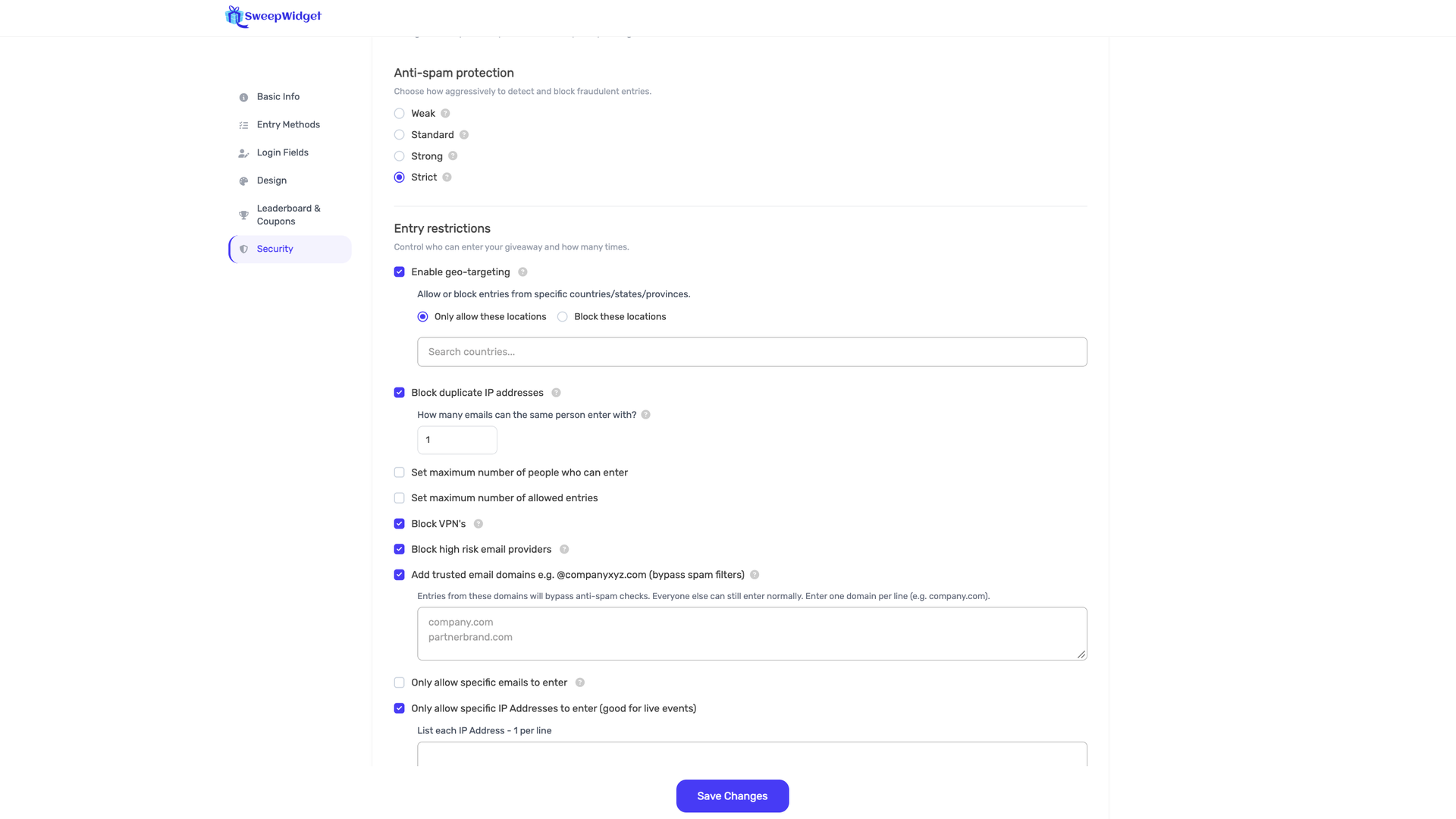 SweepWidget’s anti-spam and entry restriction settings: anti-spam levels from Weak to Strict, geo-targeting by country, duplicate-IP and VPN blocking, high-risk email blocking, trusted email domains and an IP address allow list