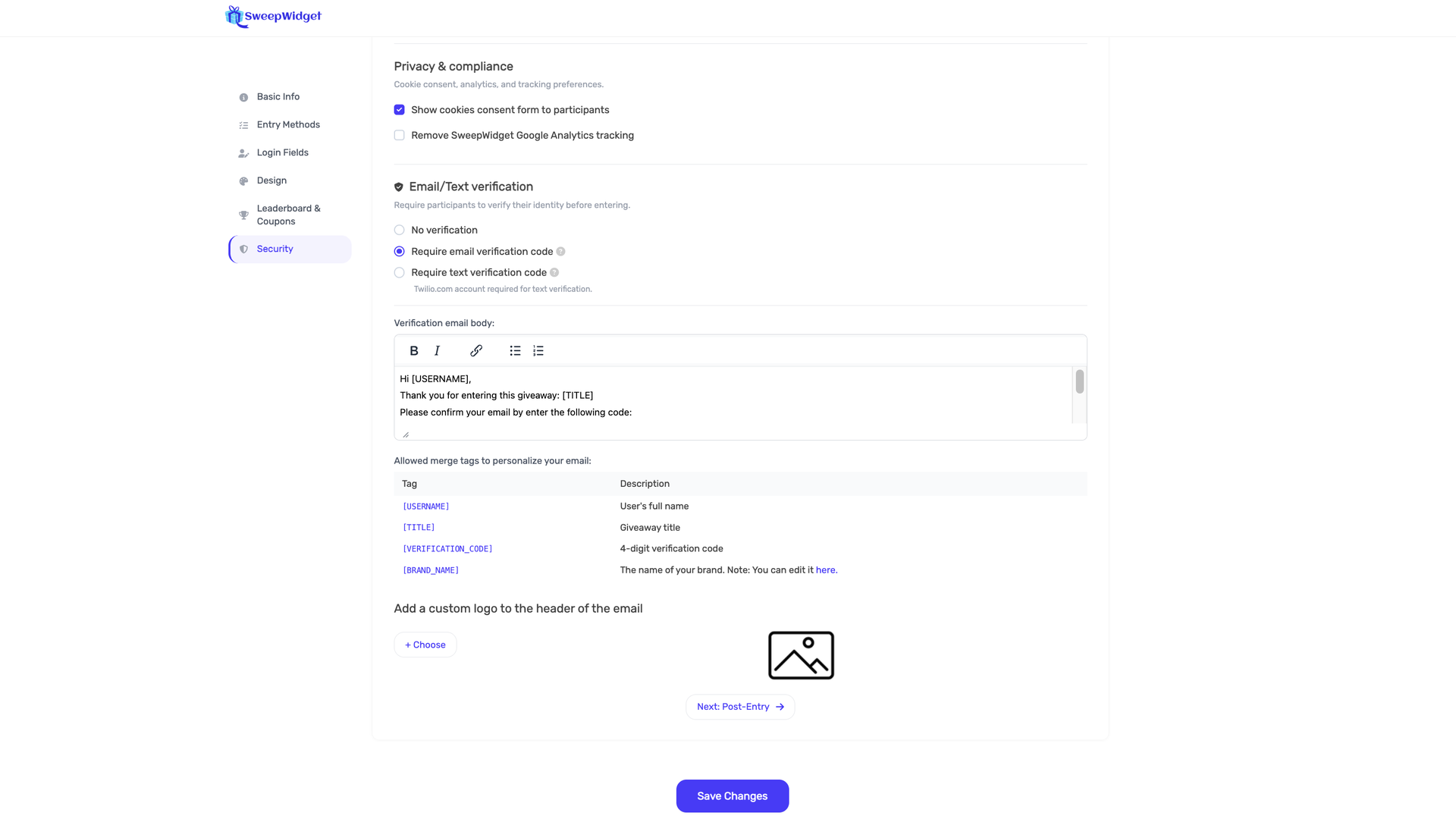 SweepWidget's privacy and verification settings: cookie consent for participants, email or text verification codes, and a customizable verification email with merge tags