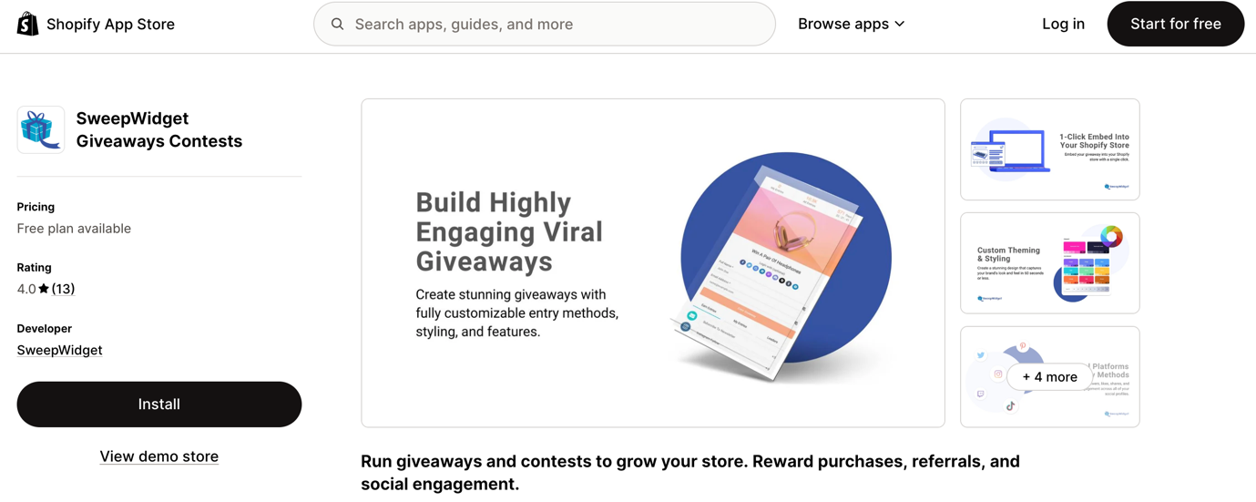 SweepWidget’s listing in the Shopify App Store, showing its plans and 4.0-star rating